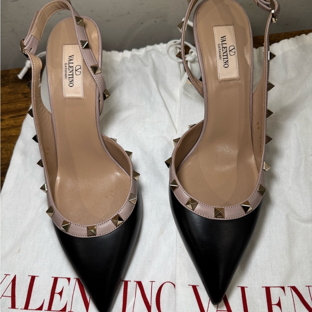 Valentino Black and Cream Rockstud Pointed Toe Heels